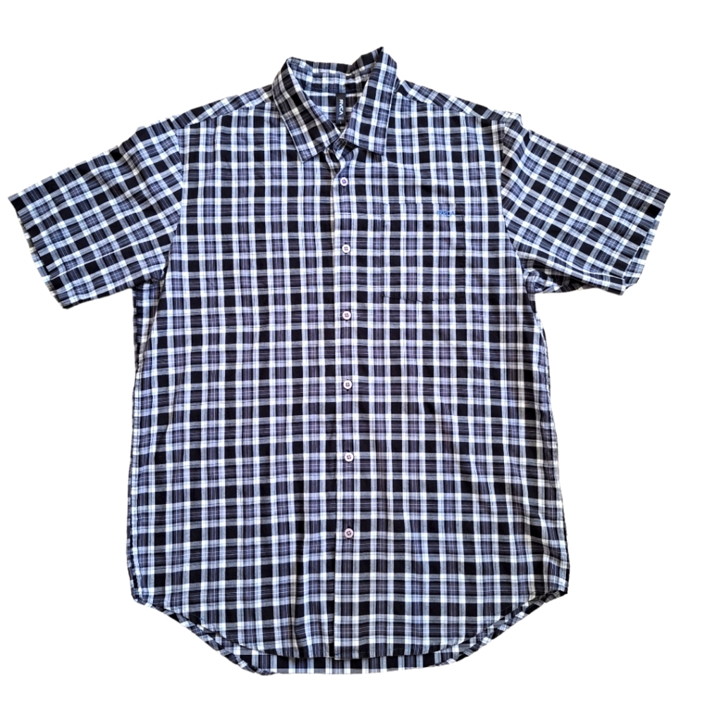 RVCA Men's Black White Plaid Short Sleeve Wrinkle Free Casual Shirt szL